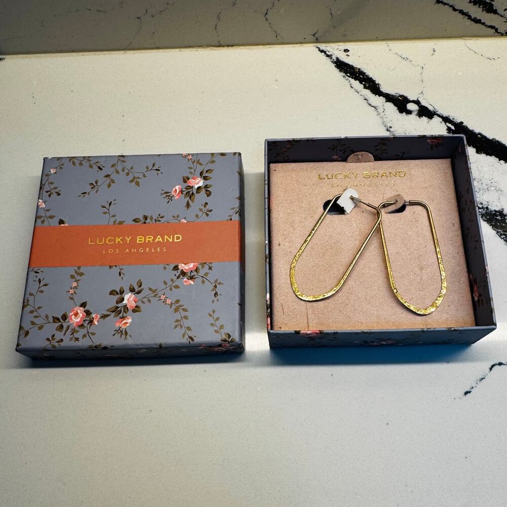 Lucky Brand Gold Hammered Open Teardrop Earrings NIB